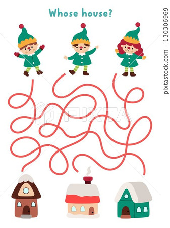 Christmas village maze for children with cute elves and their houses. Funny labyrinth game with dwarfs and homes. Winter holiday printable activity, worksheet. Where live the gnomes 130306969