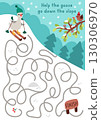 Christmas village maze for children with cute goose going down the slope, on skis. Funny detailed labyrinth game with bird, snowy landscape. Winter holiday printable activity, worksheet 130306970