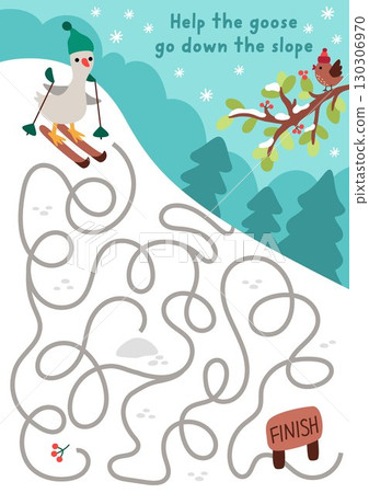 Christmas village maze for children with cute goose going down the slope, on skis. Funny detailed labyrinth game with bird, snowy landscape. Winter holiday printable activity, worksheet 130306970