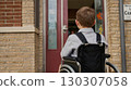 A first-grader in a wheelchair in front of the school entrance, symbolizing accessibility, inclusivity, and equal opportunities in education 130307058