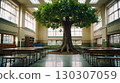 A magical classroom with a huge green tree growing in the center, surrounded by desks in a bright educational environment. The concept of unity with nature and self-education. 130307059