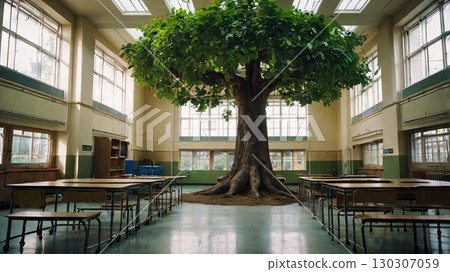 A magical classroom with a huge green tree growing in the center, surrounded by desks in a bright educational environment. The concept of unity with nature and self-education. A magical classroom with a huge green tree growing in the center, surrounded by desks in a bright educational environment. The concept of unity with nature and self-education. 130307059
