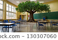 A magical classroom with a huge green tree growing in the center, surrounded by desks in a bright educational environment. The concept of unity with nature and self-education. 130307060