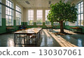 A magical classroom with a huge green tree growing in the center, surrounded by desks in a bright educational environment. The concept of unity with nature and self-education. 130307061