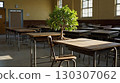 A magical classroom with a huge green tree growing in the center, surrounded by desks in a bright educational environment. The concept of unity with nature and self-education. 130307062