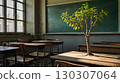 A magical classroom with a huge green tree growing in the center, surrounded by desks in a bright educational environment. The concept of unity with nature and self-education. 130307064