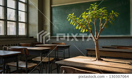 A magical classroom with a huge green tree growing in the center, surrounded by desks in a bright educational environment. The concept of unity with nature and self-education. 130307064