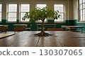A magical classroom with a huge green tree growing in the center, surrounded by desks in a bright educational environment. The concept of unity with nature and self-education. 130307065
