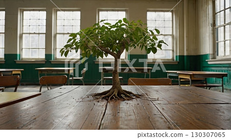 A magical classroom with a huge green tree growing in the center, surrounded by desks in a bright educational environment. The concept of unity with nature and self-education. 130307065