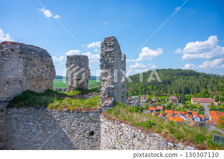 Rabi Castle stands majestically against a backdrop of lush greenery and a quaint village, showcasing the remnants of its fortifications under a clear blue sky. Rabi Castle stands majestically against a backdrop of lush greenery and a quaint village, showcasing the remnants of its fortifications under a clear blue sky. 130307110