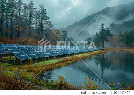 Solar power generation facilities spread across the slopes of the mountains in winter 130307745