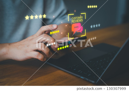 Person interacting with a smartphone to leave an online review, star ratings, feedback and satisfaction survey interaction, and UI elements, symbolizing digital customer engagement and satisfaction. Person interacting with a smartphone to leave an online review, star ratings, feedback and satisfaction survey interaction, and UI elements, symbolizing digital customer engagement and satisfaction. 130307999