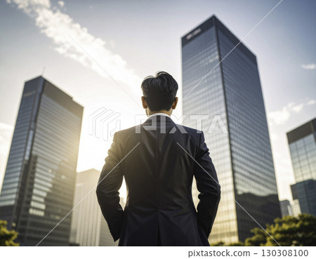 A Japanese man standing with his back to the camera, looking up at a skyscraper in a business district. A symbolic scene of looking to the future. 130308100