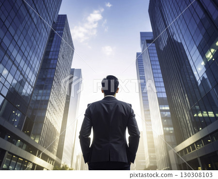 A Japanese man standing with his back to the camera, looking up at a skyscraper in a business district. A symbolic scene of looking to the future. 130308103