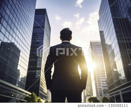 A Japanese man standing with his back to the camera, looking up at a skyscraper in a business district. A symbolic scene of looking to the future. A Japanese man standing with his back to the camera, looking up at a skyscraper in a business district. A symbolic scene of looking to the future. 130308111