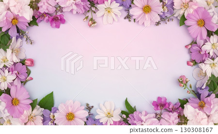 Pastel pink natural frame background surrounded by spring flowers Pastel pink natural frame background surrounded by spring flowers 130308167