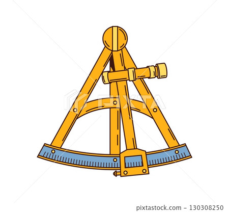 Cartoon groovy sextant with golden arc and compass details. Vector antique nautical navigation tool with rotating parts and engraved lines. fantasy pirate or corsair game object expressing exploration 130308250