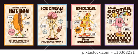 Cartoon groovy characters posters featuring retro fast food personages like dancing hot dog, ice cream cone, pizza slice or cocktail cup with playful slogans. Vector vintage comic food and drink promo 130308251