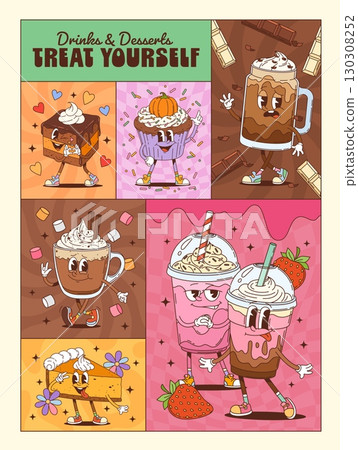 Cartoon groovy dessert characters collage poster. Fun comic cupcake, brownie, pie and drinks like milkshakes or cocoa with expressive faces and vibrant background encouraging viewers to treat yourself Cartoon groovy dessert characters collage poster. Fun comic cupcake, brownie, pie and drinks like milkshakes or cocoa with expressive faces and vibrant background encouraging viewers to treat yourself 130308252