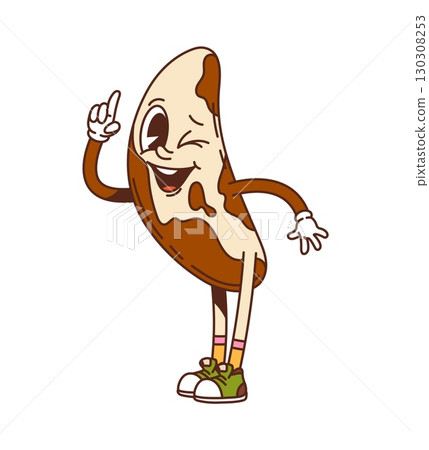 Cartoon groovy Brazilian nut and seed character strikes lively pose with cheerful happy smile, winking eye and and attention finger up gesture. Vector retro food personage exuding confidence and charm Cartoon groovy Brazilian nut and seed character strikes lively pose with cheerful happy smile, winking eye and and attention finger up gesture. Vector retro food personage exuding confidence and charm 130308253