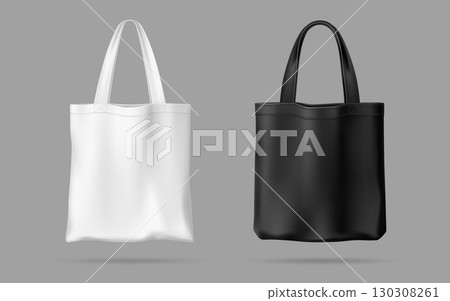Realistic black and white tote bag mockups. Vector 3d eco fabric cloth totebags, cotton, canvas or linen shoppers with long handles. Blank reusable textile shopping handbags or grocery tote bags Realistic black and white tote bag mockups. Vector 3d eco fabric cloth totebags, cotton, canvas or linen shoppers with long handles. Blank reusable textile shopping handbags or grocery tote bags 130308261