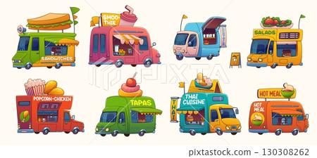 Food truck cars, cartoon festival street foodtruck vans with sandwiches, salads and hot meal. Vector shops on wheels and restaurant food trucks with cocktails, tapas, smoothie and thai cuisine dishes Food truck cars, cartoon festival street foodtruck vans with sandwiches, salads and hot meal. Vector shops on wheels and restaurant food trucks with cocktails, tapas, smoothie and thai cuisine dishes 130308262
