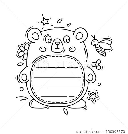 Kids memo note frame with funny bear, cute animal for paper sheet sticker, vector notebook label. Kids memo note or notepad page template with lines in shape of bear for message note or to do planner 130308270