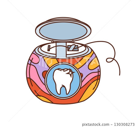 Cartoon groovy dental floss container with retro swirly pattern, open lid and sparkling tooth symbol. Vector hygiene object for oral care with funky y2k vibe, representing dental hygiene or healthcare 130308273