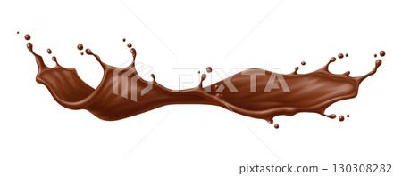 Chocolate drink flow splash wave flowing mid air, curves elegantly with droplets emphasizing motion. Realistic 3d vector twisted rich, dessert splash with velvety texture for sweet promo or food ads 130308282