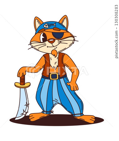 Cartoon pirate cat with orange fur, eyepatch and blue striped pants holding a sword. Vector funny feline animal corsair character wearing a fishbone bandana and vest, radiates mischief and adventure 130308283