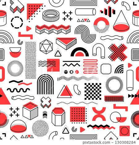 Memphis shapes seamless pattern background with abstract geometric elements. Vector modern pattern of geometric shapes, isometric line elements and retro minimal color figures 130308284