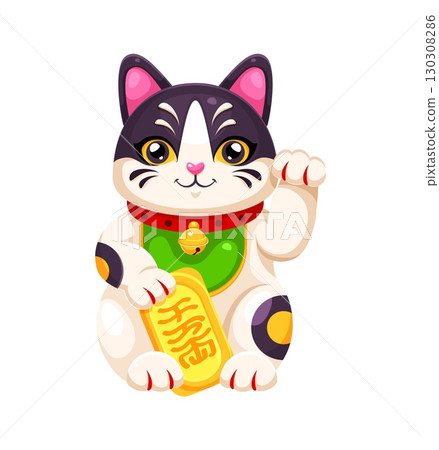 Japanese Maneki Neko lucky cat smiling with raised paw holding gold plaque with hieroglyphs. Cartoon vector cat features vibrant colors, green bib with gold medallion and welcoming cheerful expression Japanese Maneki Neko lucky cat smiling with raised paw holding gold plaque with hieroglyphs. Cartoon vector cat features vibrant colors, green bib with gold medallion and welcoming cheerful expression 130308286