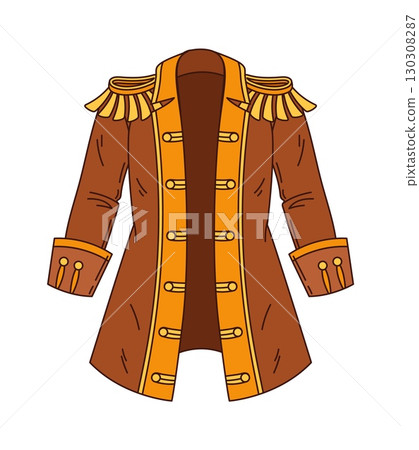 Cartoon groovy pirate coat with golden trim, buttons, epaulets and wide rolled cuffs. Vector corsair clothes, brown jacket evoking maritime fantasy game adventure, filibuster costume or suit object Cartoon groovy pirate coat with golden trim, buttons, epaulets and wide rolled cuffs. Vector corsair clothes, brown jacket evoking maritime fantasy game adventure, filibuster costume or suit object 130308287