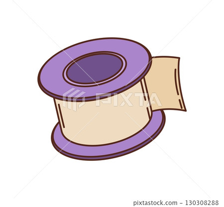 Cartoon groovy medical adhesive tape roll with open edge and clean circular shape. Vector healthcare supply for dressing and bandage support in hygiene and healthcare medicine with retro y2k vibe Cartoon groovy medical adhesive tape roll with open edge and clean circular shape. Vector healthcare supply for dressing and bandage support in hygiene and healthcare medicine with retro y2k vibe 130308288