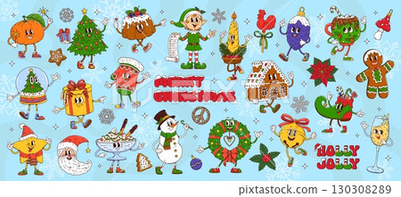 Cartoon groovy Christmas characters and decorations. Vector set with funny festive pine tree, gift, pudding, elf, gingerbread, stocking and champagne glass. Retro holiday personages in y2k funky vibe 130308289