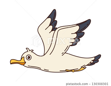 Cartoon groovy seagull bird with white feathers, gray wing tips and yellow beak soars in mid flight with wings spread wide, creating sense of freedom and movement. Isolated vector avian gull personage 130308301