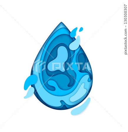 Save water paper cut banner, blue aqua drop shape. Clean water, environment and ecology paper cut vector concept, 3d backdrop. Pure liquid and blue aqua drop with splash ripples papercut background 130308307