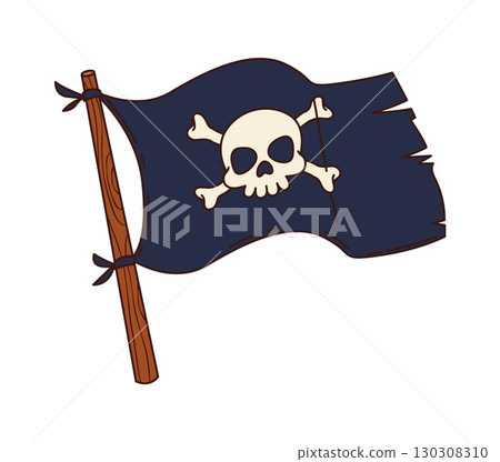 Cartoon groovy pirate and corsair black flag on wooden pole with skull and crossbones, fluttering in the wind. Isolated vector retro banner object with jolly roger, symbol of sea nautical adventure 130308310