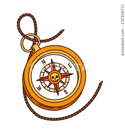 Cartoon groovy ancient pirate and corsair compass with a golden frame, rope loop and skull at center of wind rose. Vintage navigation symbol with directional points. Vector retro brass nautical object 130308312