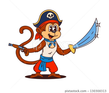 Cartoon funny monkey pirate animal character. Isolated vector mischievous jungle ape corsair personage with swirly tail, tricorn hat, pistol and sword in hand ready for high seas adventures and attack Cartoon funny monkey pirate animal character. Isolated vector mischievous jungle ape corsair personage with swirly tail, tricorn hat, pistol and sword in hand ready for high seas adventures and attack 130308313