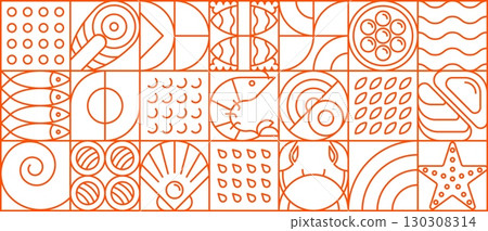 Seafood geometric pattern with fish, shrimp and sea food shapes, vector background. Seafood pattern in geometric line sea or ocean mollusks, starfish, and salmon steak with tuna and caviar mosaic tile Seafood geometric pattern with fish, shrimp and sea food shapes, vector background. Seafood pattern in geometric line sea or ocean mollusks, starfish, and salmon steak with tuna and caviar mosaic tile 130308314