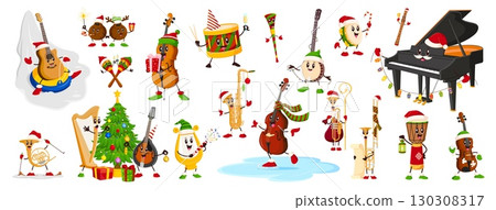 Cartoon musical instrument characters on Christmas and winter holiday. Vector set of funny piano, guitar, drums and violin, harp, cello and banjo wear Santa hats, scarves and mitten festive activities Cartoon musical instrument characters on Christmas and winter holiday. Vector set of funny piano, guitar, drums and violin, harp, cello and banjo wear Santa hats, scarves and mitten festive activities 130308317