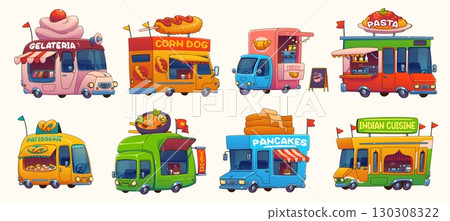 Cartoon food truck cars, festival street foodtruck vans of ice cream gelateria, croissant patisserie, italian and indian cuisine restaurants. Vector fast food trucks, corn dog and pancake trailer vans Cartoon food truck cars, festival street foodtruck vans of ice cream gelateria, croissant patisserie, italian and indian cuisine restaurants. Vector fast food trucks, corn dog and pancake trailer vans 130308322
