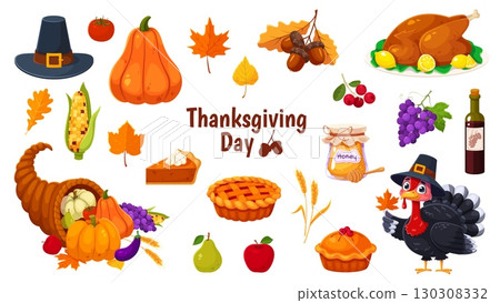 Cartoon Thanksgiving day characters and food. Vector autumn holiday set of turkey, seasonal meals, fall leaves, and harvest items. Pumpkin, corn, tomato, grapes and cornucopia, pie and wine bottle Cartoon Thanksgiving day characters and food. Vector autumn holiday set of turkey, seasonal meals, fall leaves, and harvest items. Pumpkin, corn, tomato, grapes and cornucopia, pie and wine bottle 130308332