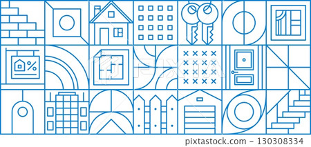 Real estate geometric pattern of house and apartment key for building and construction, vector background. Real estate geometric line pattern of home and residential property or house windows tile Real estate geometric pattern of house and apartment key for building and construction, vector background. Real estate geometric line pattern of home and residential property or house windows tile 130308334