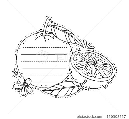 Kids memo note or sticker label with tropical fruit frame, vector notebook paper sheet. Kids memo note template with notepad page lines in shape of orange fruit for to do planner or message note 130308337