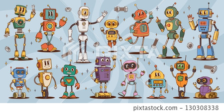 Groovy robot and droid characters. Vector set of cartoon vintage ai cyborgs with expressive faces, mechanical parts, gears, wires and antennas, evoking a playful and retro futuristic y2k vibes . Groovy robot and droid characters. Vector set of cartoon vintage ai cyborgs with expressive faces, mechanical parts, gears, wires and antennas, evoking a playful and retro futuristic y2k vibes . 130308338