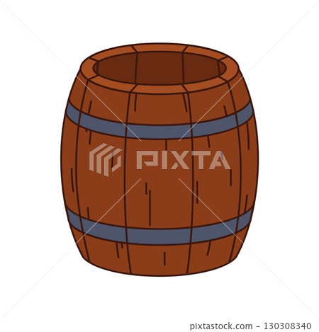 Cartoon groovy pirate and corsair empty wooden barrel. Vector rustic, wood, cylindrical cask, bound by metal hoops. Pub or bar brewery item for storing rum, gunpowder, gold, beer, wine or provision Cartoon groovy pirate and corsair empty wooden barrel. Vector rustic, wood, cylindrical cask, bound by metal hoops. Pub or bar brewery item for storing rum, gunpowder, gold, beer, wine or provision 130308340