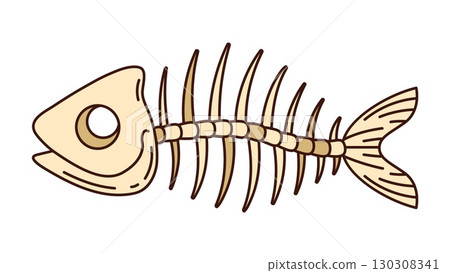 Cartoon groovy fish bone with rib cage, spine and head with empty eye sockets. Isolated vector sea animal skeleton stripped of flesh. Skeletal structure with attached skull and tail for pirate story Cartoon groovy fish bone with rib cage, spine and head with empty eye sockets. Isolated vector sea animal skeleton stripped of flesh. Skeletal structure with attached skull and tail for pirate story 130308341