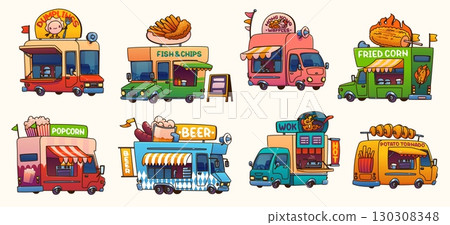 Food truck cars, festival street foodtruck vans of cartoon popcorn, dumplings, wok and beer drink shop on wheel. Vector restaurant food trucks with fish and chips, fried corn and potato tornado dishes Food truck cars, festival street foodtruck vans of cartoon popcorn, dumplings, wok and beer drink shop on wheel. Vector restaurant food trucks with fish and chips, fried corn and potato tornado dishes 130308348
